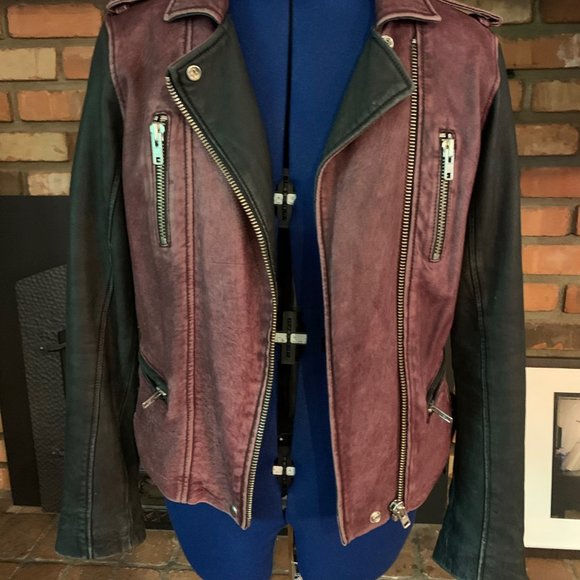 Iro Paris Distressed Burgundy/Black Leather Moto Jacket - Picture 4 of 8